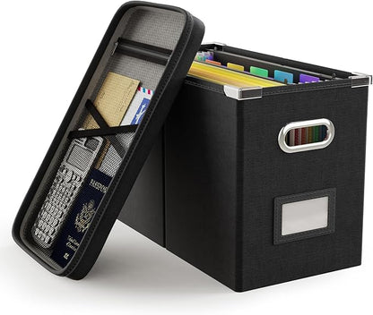Oterri File Organizer Box with Lid, Hanging Filing File Box with Mesh Pocket, Document Organizer Box for Letter Files, Portable Storage Box with Smooth Sliding Rail for Office&Home (1 PCS, Black)