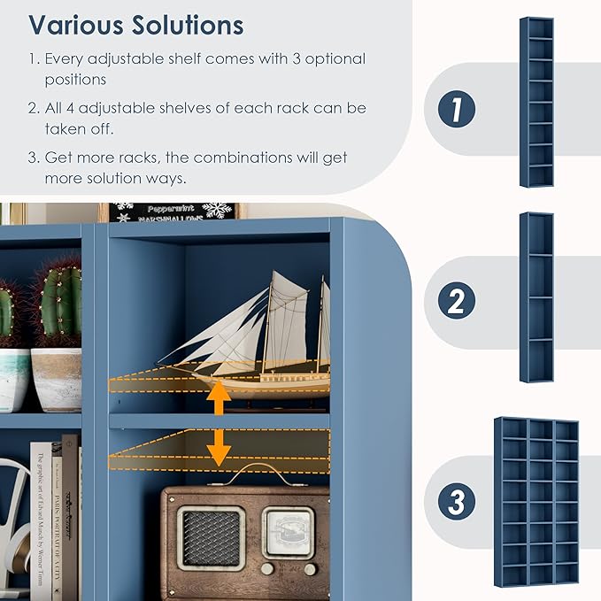 FOTOSOK 2 Pcs 71'' Tall Narrow Bookshelf, 8-Tier Media Tower Rack Set of 2, CD DVD Storage Cabinet with Adjustable Shelves, Tall Narrow Bookcase Skinny Display Bookshelf Slim Shelf, Blue