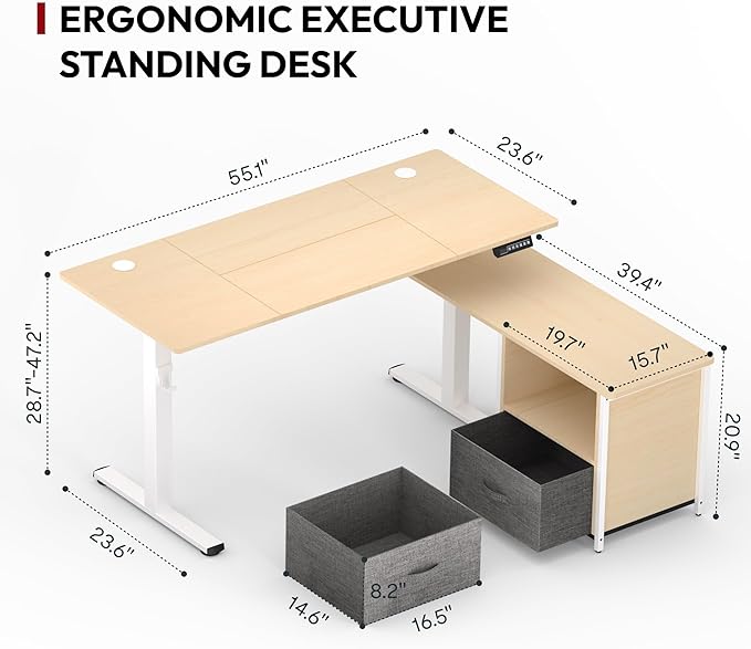 SANODESK 55'' L Shaped Standing Desk with 2-Drawer File Cabinet, Electric Height Adjustable Stand up Desk w/USB Charge Ports, Home Office Modern Wood Computer Desk with Shelves,White Frame/Maple Top