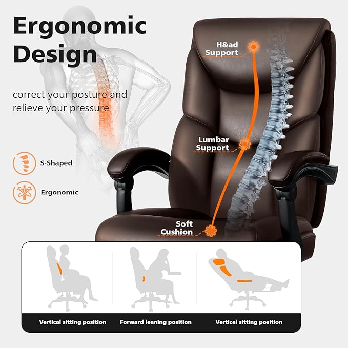 400lbs Office Chair with Foot Rest, Reclining Big and Tall Office Chair with Lumbar Support, High Back PU Leather Computer Chair,Comfy Desk Chair for Home Office (Casual) (Brown)