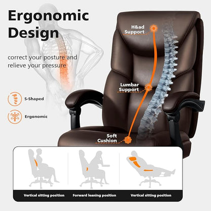 400lbs Office Chair with Foot Rest, Reclining Big and Tall Office Chair with Lumbar Support, High Back PU Leather Computer Chair,Comfy Desk Chair for Home Office (Casual) (Brown)