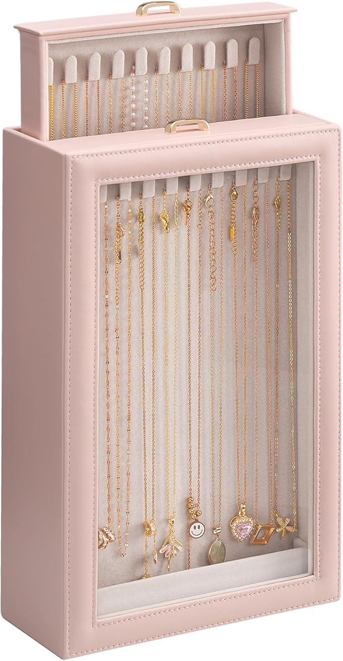 Lolalet Necklace Organizer Box, Jewelry Storage Box with Clear Window for Necklaces Bracelets, Tangle-Free Necklace Display Case for Women Girls, Pink, 2 Layers 20 Hooks