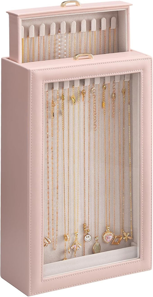 Lolalet Necklace Organizer Box, Jewelry Storage Box with Clear Window for Necklaces Bracelets, Tangle-Free Necklace Display Case for Women Girls, Pink, 2 Layers 20 Hooks