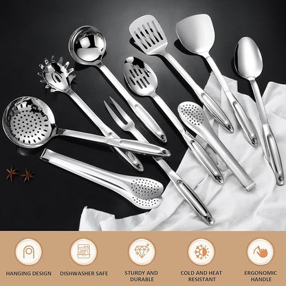 304 Stainless Steel Kitchen Utensils Set, 10 Pcs Stainless Steel Cooking Utensils Set, Heat Resistant Metal Kitchen Tools Spatulas Set, Spatulas, Spoons, Ladle, Meat Fork and Skimmer