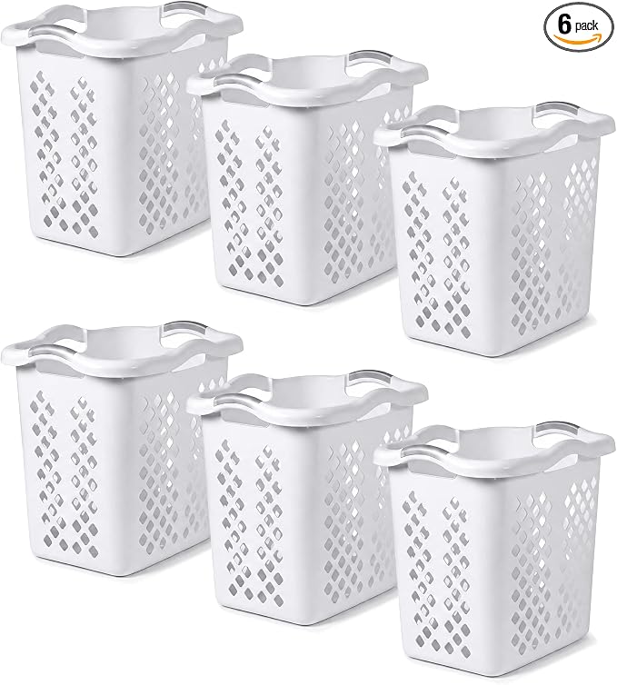 Home Logic 2 Bushel Plastic Laundry Basket Lamper, Large Laundry Hamper with Handles, Ventilated Clothes Organizer for Bedroom Bathroom Closet, 6 Pack, White