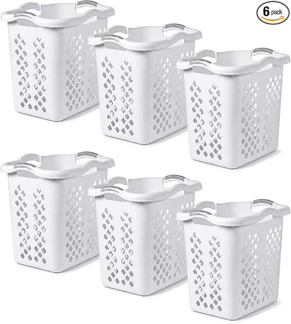 Home Logic 2 Bushel Plastic Laundry Basket Lamper, Large Laundry Hamper with Handles, Ventilated Clothes Organizer for Bedroom Bathroom Closet, 6 Pack, White