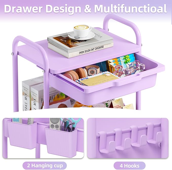 3 Tier Metal Rolling Utility Cart with Drawer & Lockable Wheels - Heavy Duty Multifunctional Storage Organizer with 2 Cups and 4 Hooks for Bathroom, Kitchen, Snack, Craft, Makeup, Baby Essentials