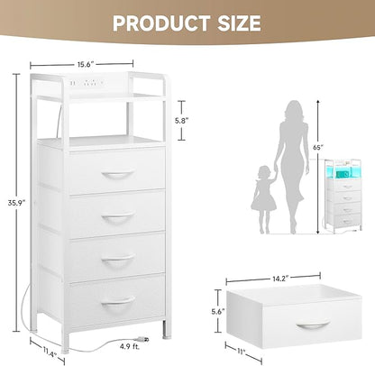 Lazzanto Night Stand Bedside Charger Bedroom - Nightstand with Charging Station, 2 U-S-B Ports & 2 AC Outlets, Tall Bed Side Table with LED Light Strip, Storage Shelf & 4 Fabric Drawers, White