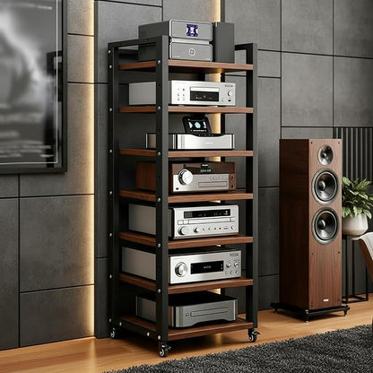 7 Tier AV Media Stand, 55in Audio Rack Tower Stereo Component Cabinet, Home CD Record Player Receiver Audio Equipment Rack with Adjustable Wood Shelves, Load 400lbs (Walnut Brown)