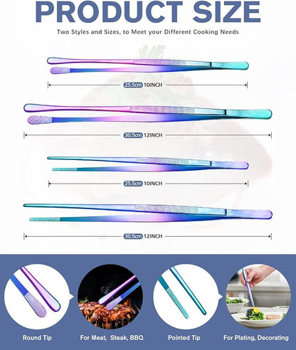 4 Pcs Fine Long Tweezer Tongs Professional Rainbow, 12'' and 10'' Stainless Steel for Kitchen, Food, Cooking, Repairing, Sea food and BBQ