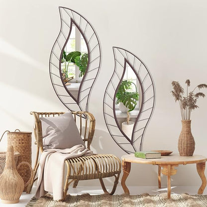 ironsmithn Decorative Wall Mirror, Leaf Design Metal Frame, 45" x 18.5" Unique Wall Mirror for Bathroom Vanity Living Room Bedroom Fireplace(Rustic)