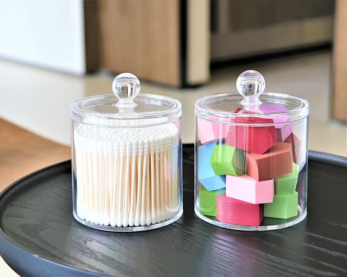 20-Ounce Qtip Holder Storage Canister Set of 2, Clear Plastic Apothecary Jar with Lid, Bathroom Makeup Organizer for Cotton Ball, Cotton Swab, Pads, Powder Puffs (2)