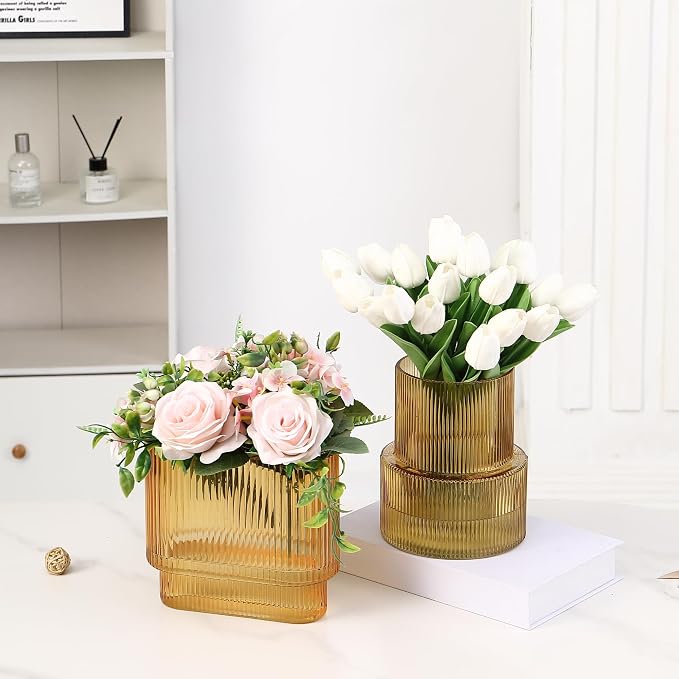 Amber Glass Vases, Set of 2 Ribbed Vases for Flowers, Amber Vase for Tulips, Modern Glass Vase for Living Room, Dining Table, Office, Entryway, Mantle, Bookshelf, Wedding Gifts