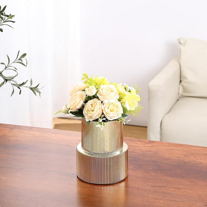 Ribbed Glass Vase, Flower Vase, Fluted Gold Vases for Flowers, Modern Vases for Living Room, Dining Table, Entryway, Shelf, Wedding, Office, Coffee Table, Birthday, 7.5 Inches