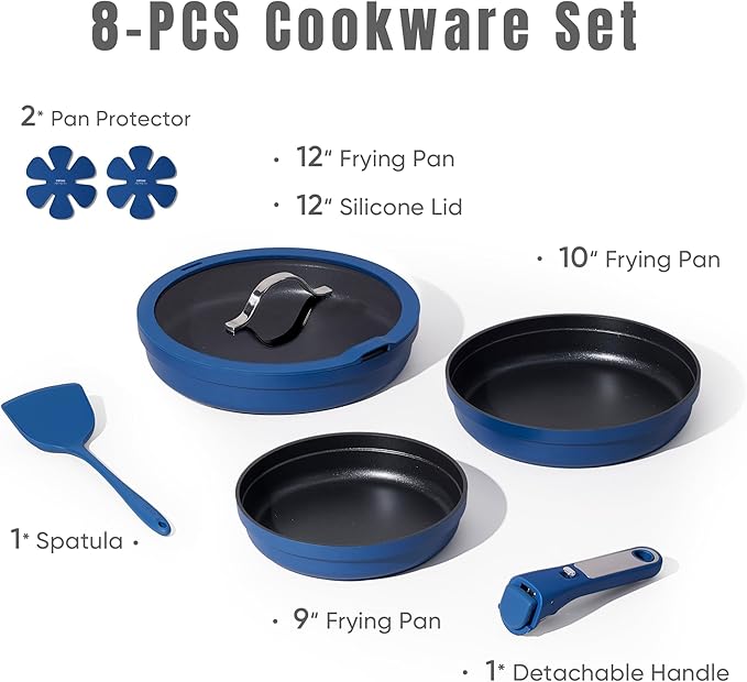 CAROTE 8Pcs Non Stick Frying Pans Set 3 Sizes(8,10,12 Inch), Kitchen Nonstick Skillets with Detachable Handle, Cooking Pan with lid, Oven Safe, Induction Cookware, Stackable Kitchen Set, Blue