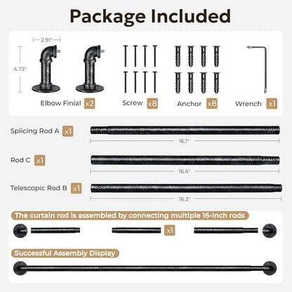 Zeerobee Curtain Rods for Windows 32 to 48, 1 Inch Industrial Wrap Around Vintage Black Curtain Rod, Indoor/Outdoor Room Divider Adjustable Drapery Pole, 32"-48"