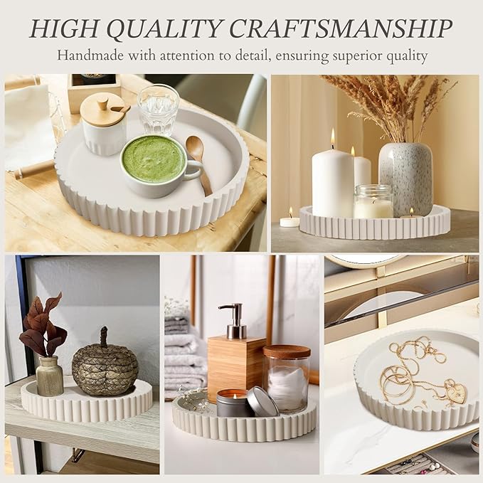 13" Round Solid Concrete Decorative Tray - Heavy Duty Fluted Centerpiece for Coffee Table, Serving, Patio, Home Office & Entryway - Modern Home Decor Trays(Gray)