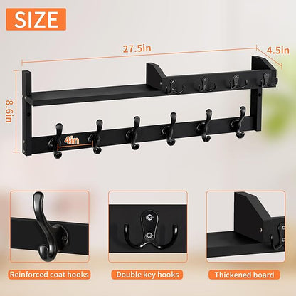 Coat Rack Wall Mount with Shelf, 27.5" Entryway Wall Hanging Shelf, Coat and Key Hanger with 10 Dual Hooks, Mail Organizer and Key Holder Hat Rack for Wall, Wood Coat Hooks with Storage