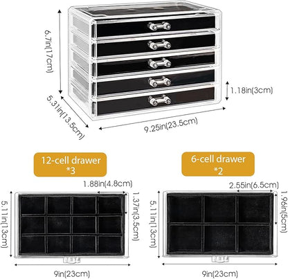 ProCase Earring Holder Organizer Jewelry Box with 5 Drawers, Acrylic Clear Earring Case with Adjustable Velvet Trays for Women - Black, 5 Layers