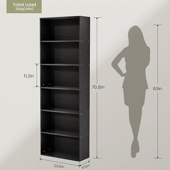 GRUSIGN 71" Tall 6-Tier Bookshelf, Large Open Display Bookcase with Ample Storage, Floor Standing Book Shelf for Living Room, Home Office, Bed Room, Black