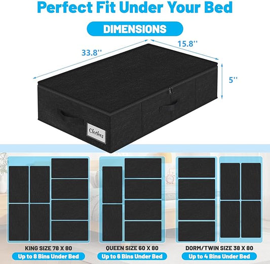Under Bed Storage Container Bins 4 Pack, 5 Inch Thin Low Profile Underbed Clothes Storage Organizer for Dorm & Home, Use for Blanket and Toy Storage Box W/ Sturdy Bottom/Sides, Foldable Thick Fabric