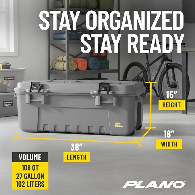 Plano 3 Pack Storage Trunk with Wheels, Gray, Lockable Storage Box, Airline Approved Sportsman Trunk, Hunting Gear and Ammunition Bin, Heavy-Duty Containers for Camping, 108-Quart