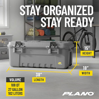 Plano 3 Pack Storage Trunk with Wheels, Gray, Lockable Storage Box, Airline Approved Sportsman Trunk, Hunting Gear and Ammunition Bin, Heavy-Duty Containers for Camping, 108-Quart