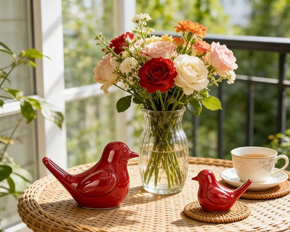 Artconal Small Red Bird Statue Ceramic 2-Piece Set, 3¾ inch Cute Knick Knack for Home Office Shelf Desk Decor