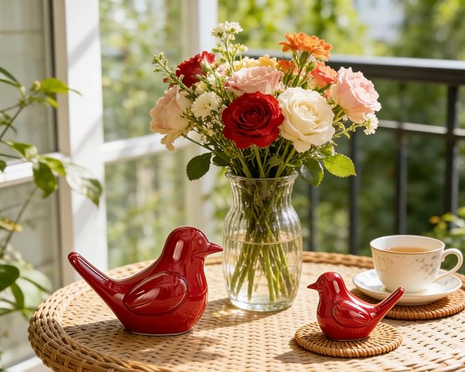 Artconal Small Red Bird Statue Ceramic 2-Piece Set, 2¾ inch Cute Knick Knack for Home Office Shelf Desk Decor