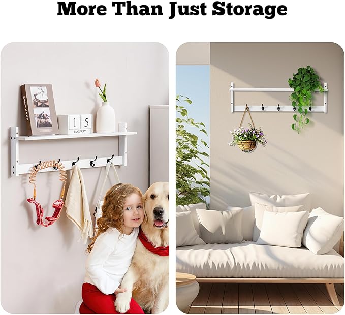 29Inch Wall Mounted Coat Rack with Hooks and Shelf - Large Rustic Wood Coat Hangers for Hats, Keys, Towels, Robes – Functional Entryway Wall Organizer for Bathroom, Kitchen, Mudroom (White)