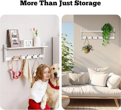 29Inch Wall Mounted Coat Rack with Hooks and Shelf - Large Rustic Wood Coat Hangers for Hats, Keys, Towels, Robes – Functional Entryway Wall Organizer for Bathroom, Kitchen, Mudroom (White)