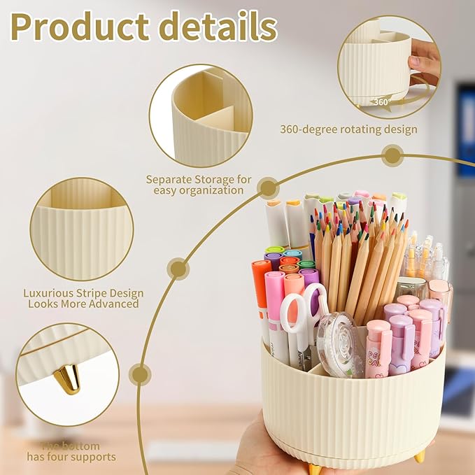 Camelmother Pen Holder For Desk With 5 Slots 360°Rotating Pencil Holder Makeup Organiezr Teacher Supplies Office decor (beige)