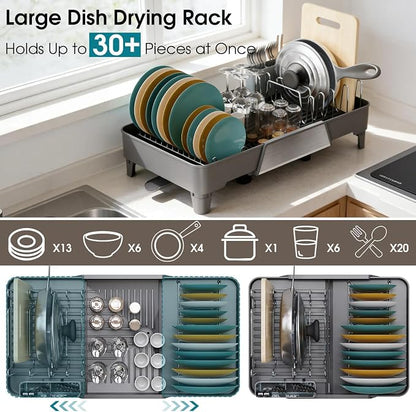 Large Expandable Dish Drying Rack, Dish Racks for Kitchen Counter, Space Saving & Rust Resistant Dish Drainer with Removable Drainboard & Utensil Holder, Adjustable Length 16.4 to 24.4 Inches