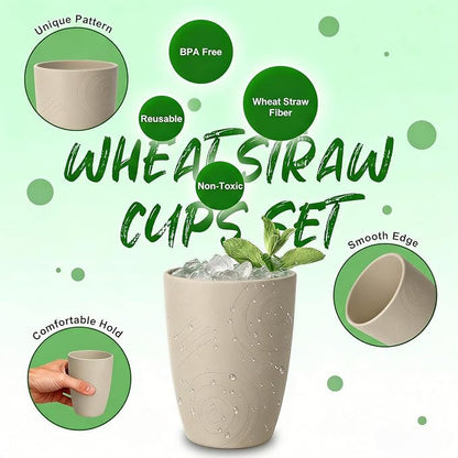 Unbreakable Wheat Straw Cups Set of 6, 12 OZ Reusable Plastic Cup Alternative, Dishwasher Safe Drinking Cups for Kitchen, Camping, Kids, Beige