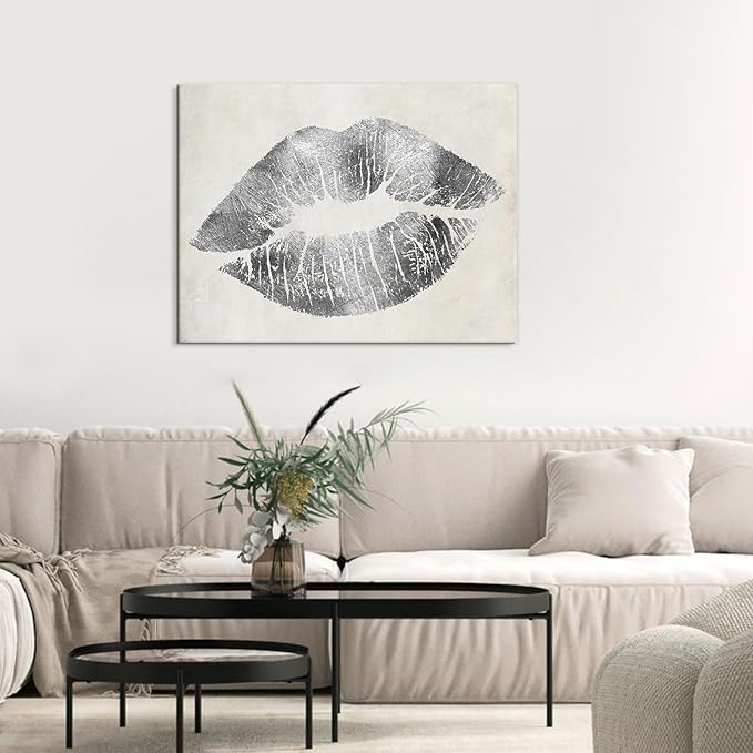 Silver Lip Wall Decor Lips Canvas Wall Art Glam Home Decor Framed Lip Painting Wall Picture for Bedroom Bathroom Makeup Room Wall Decoration 24x18Inch