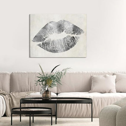 Silver Lip Wall Decor Lips Canvas Wall Art Glam Home Decor Framed Lip Painting Wall Picture for Bedroom Bathroom Makeup Room Wall Decoration 24x18Inch