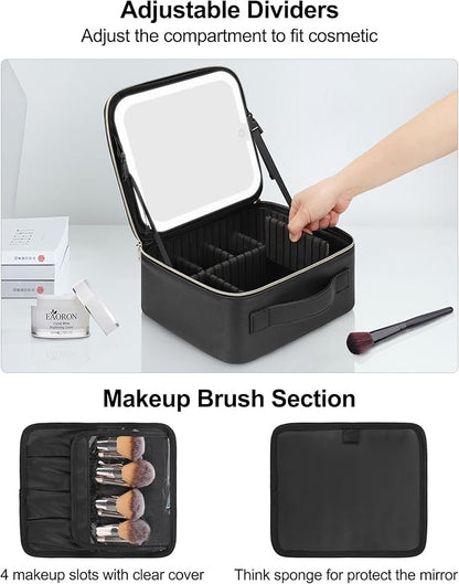 Chomeiu Makeup Bag with LED Mirror, Travel Makeup Case for Women and Makeup Artists Cosmetic Organizer Large Make Up Bags with Light Up Mirror, 3 Color Lights with Separate Brush Holder
