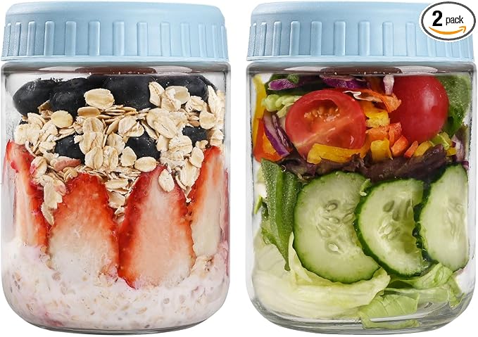 SHOWIN Overnight Oats Containers with Lids, 16oz Glass Jars with Lids 2 pcs, Light Blue, Wide Mouth Mason jars for Salad, Yogurt, Snacks, Meal Prep