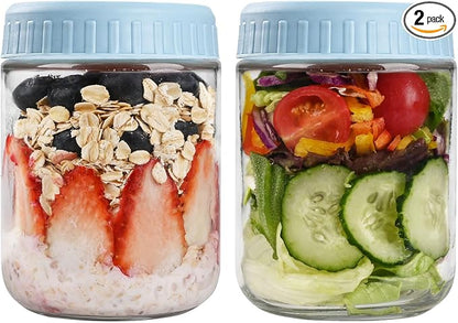 SHOWIN Overnight Oats Containers with Lids, 16oz Glass Jars with Lids 2 pcs, Light Blue, Wide Mouth Mason jars for Salad, Yogurt, Snacks, Meal Prep