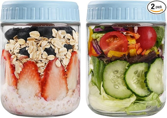 SHOWIN Overnight Oats Containers with Lids, 16oz Glass Jars with Lids 2 pcs, Light Blue, Wide Mouth Mason jars for Salad, Yogurt, Snacks, Meal Prep