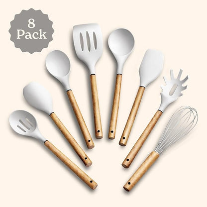 Country Kitchen Non Stick Silicone Utensil Set with Rounded Wood Handles for Cooking and Baking, 8 Piece Set, White