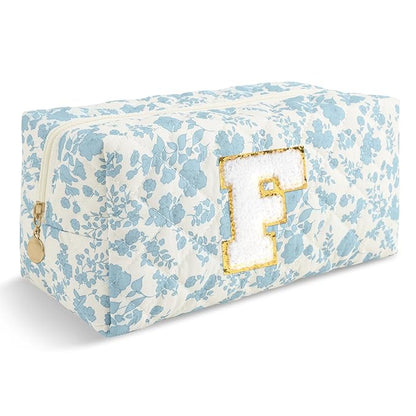 Personalized Quilted Cosmetic Bag, Puffy Monogrammed Christmas Birthday Gifts for Women & Girls, Cute initial Floral Makeup Bag Puffer Coquette Bag, Aesthetic Travel Toiletry Zipper Pouch(Blue,F)
