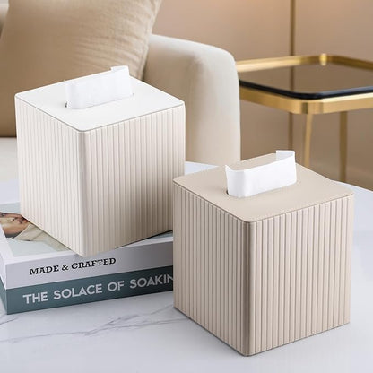 KINGFOM Tissue Box Cover, PU Leather Square Tissue Box Holder for Kleenexs with Magnetic Bottom Cover for Facial Tissues/Napkins, Office & Living Room Decor Box (Beige Strips)