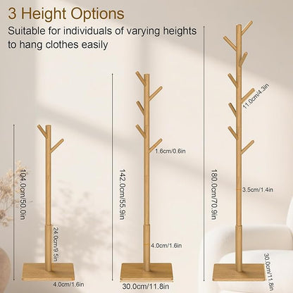 Coat Rack Freestanding with Stable Square Base for Cloathes, Hat, Used in Bedroom, Office and Entryway, Sturdy and Easy Assembly Coat Tree with 3 Adjustable Sizes and 8 Hooks, Natural