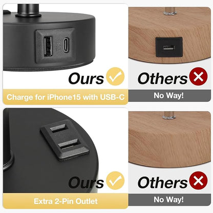 Fenmzee Grey Touch Bedside Lamp for Bedroom - 3 Way Dimmable Table Lamp USB C Charging Ports and AC Outlet, Small Desk Lamp for Living Room, Office, LED Bulb Included
