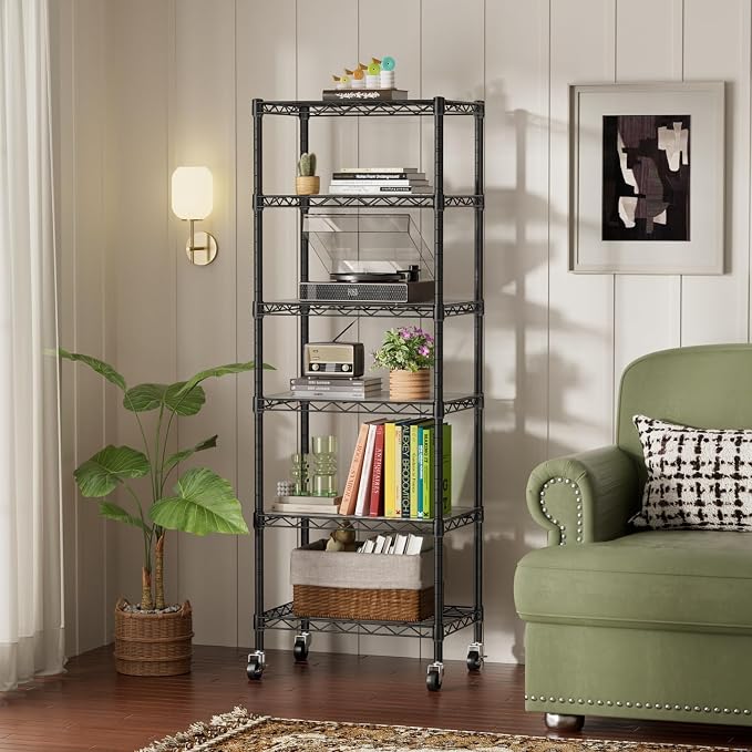 SINGAYE 6 Small Shelf Storage Wire Shelves Closet Bathroom Organizers Metal Pantry Kitchen Garage Shelving Unit Laundry Room Organization Home Narrow Rack Net Basket with Wheels Black