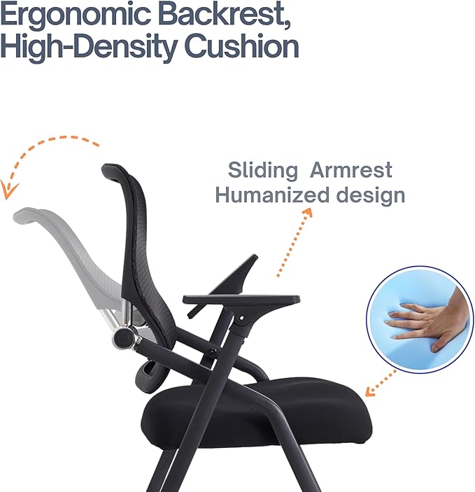 Updated Conference Room Chairs, Folding Office Desk Chair with Lumbar Support and Sliding Armrest with Casters, Stackable Office Guest Chairs & Reception Chairs, 6 Pack Black