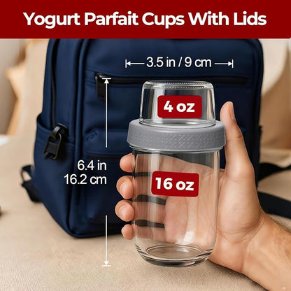 4 Pack Glass Yogurt Parfait Cups with Lids, 16+4oz Reusable Containers with Dry & Wet Separation, Leak-Proof for Overnight Oats, Meal Prep, Portable to Work & School, Easy Clean