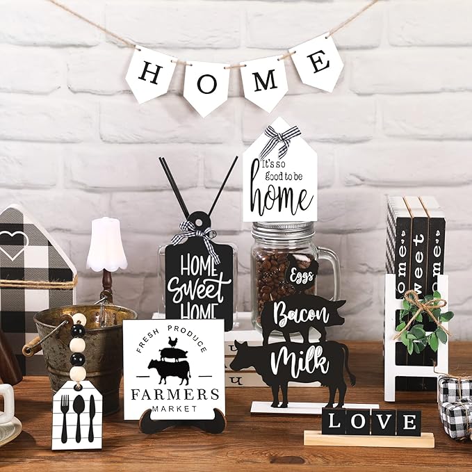 Set of 11 Home Tiered Tray Decor Spring Welcome Rustic Farmhouse Tiered Tray Decorations Set Home Wooden Signs Vintage Farm Animal Farmhouse Tabletop Wood Sign for Kitchen Table Shelf Decor