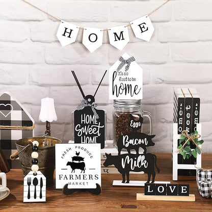 Set of 11 Home Tiered Tray Decor Spring Welcome Rustic Farmhouse Tiered Tray Decorations Set Home Wooden Signs Vintage Farm Animal Farmhouse Tabletop Wood Sign for Kitchen Table Shelf Decor
